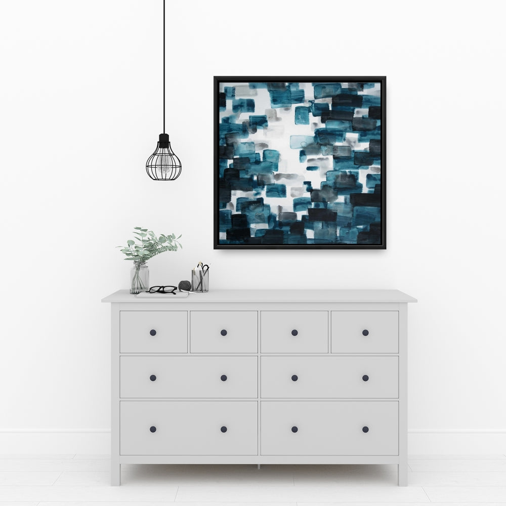 Pattern Bedroom Blue Framed Canvas - Turquoise and Gray Shapes