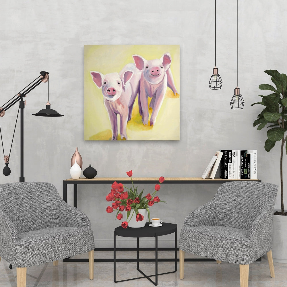 Toile illustrative jaune – Deux cochons souriants pour la décoration de la chambre