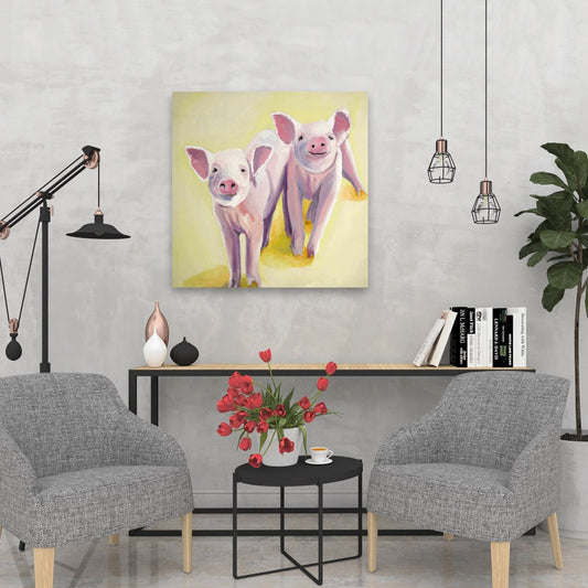 Yellow Illustrative Canvas - Two Smiling Pigs for Bedroom Decor