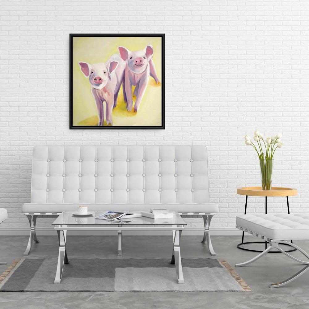 Yellow Animal Canvas - Two Smiling Pigs Framed Wall Art Decor