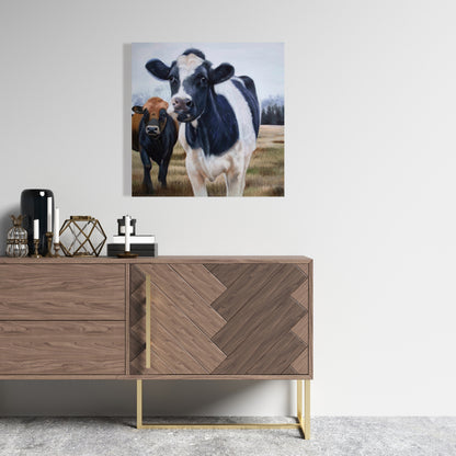 White Rustic Canvas | Two Cows Eating Grass | Home Decor