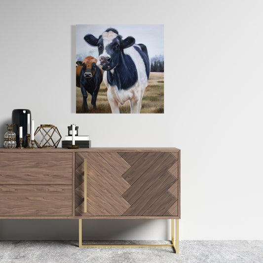White Rustic Canvas | Two Cows Eating Grass | Home Decor