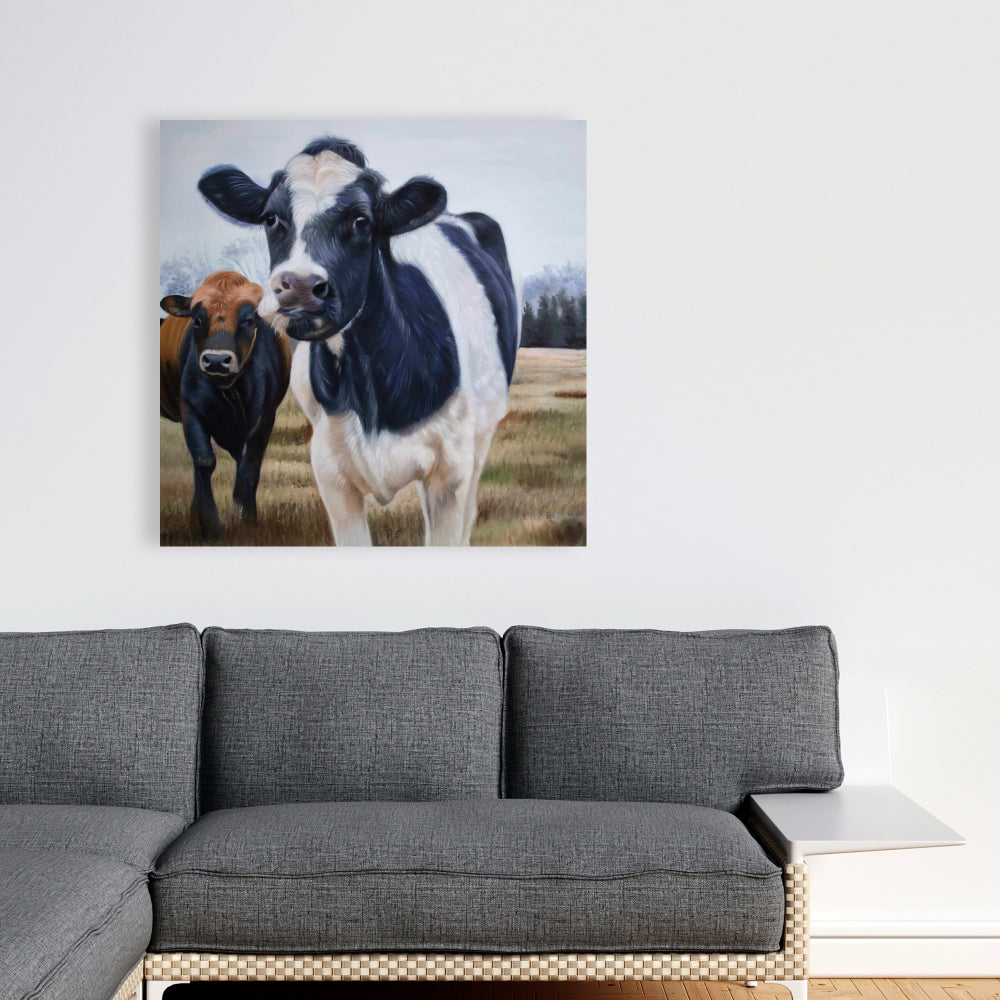 White Rustic Canvas | Two Cows Eating Grass | Home Decor