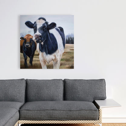 White Rustic Canvas | Two Cows Eating Grass | Home Decor