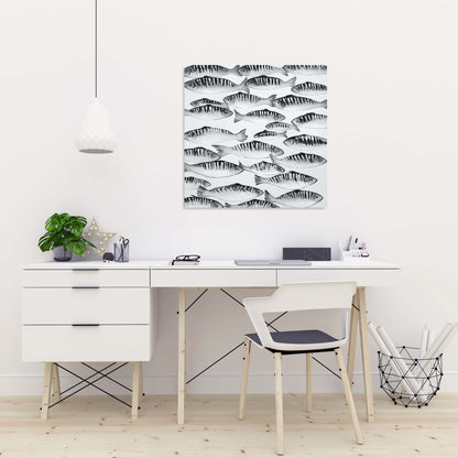 Gray Shoal of Fish Canvas | White Aquatic Decor for Bedroom