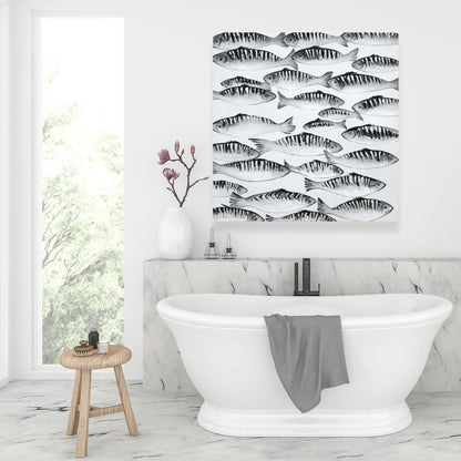 Gray Shoal of Fish Canvas | White Aquatic Decor for Bedroom