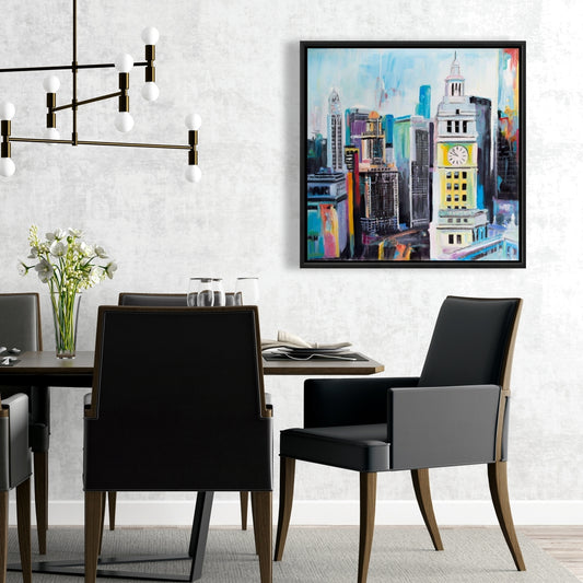 Paysage urbain coloré de Manhattan | Toile encadrée « Villes bleues »