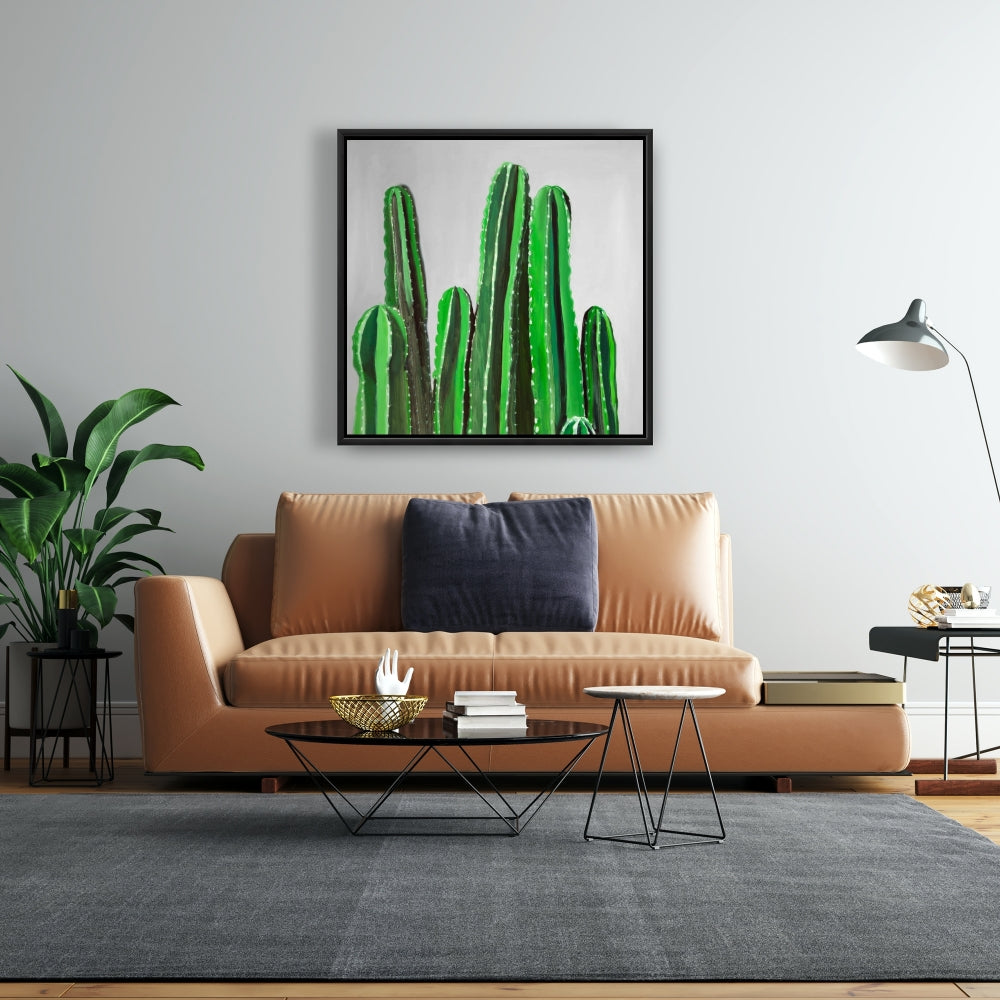 Cactus Candles Green Framed Canvas | Floral Botanical Decor