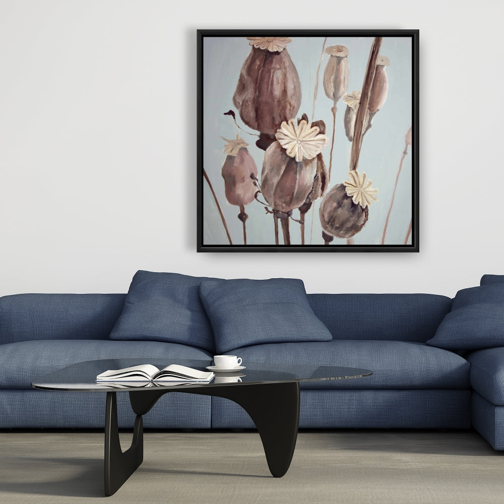 Sepia Poppy Head Flowers Canvas | Contemporary Bedroom Decor