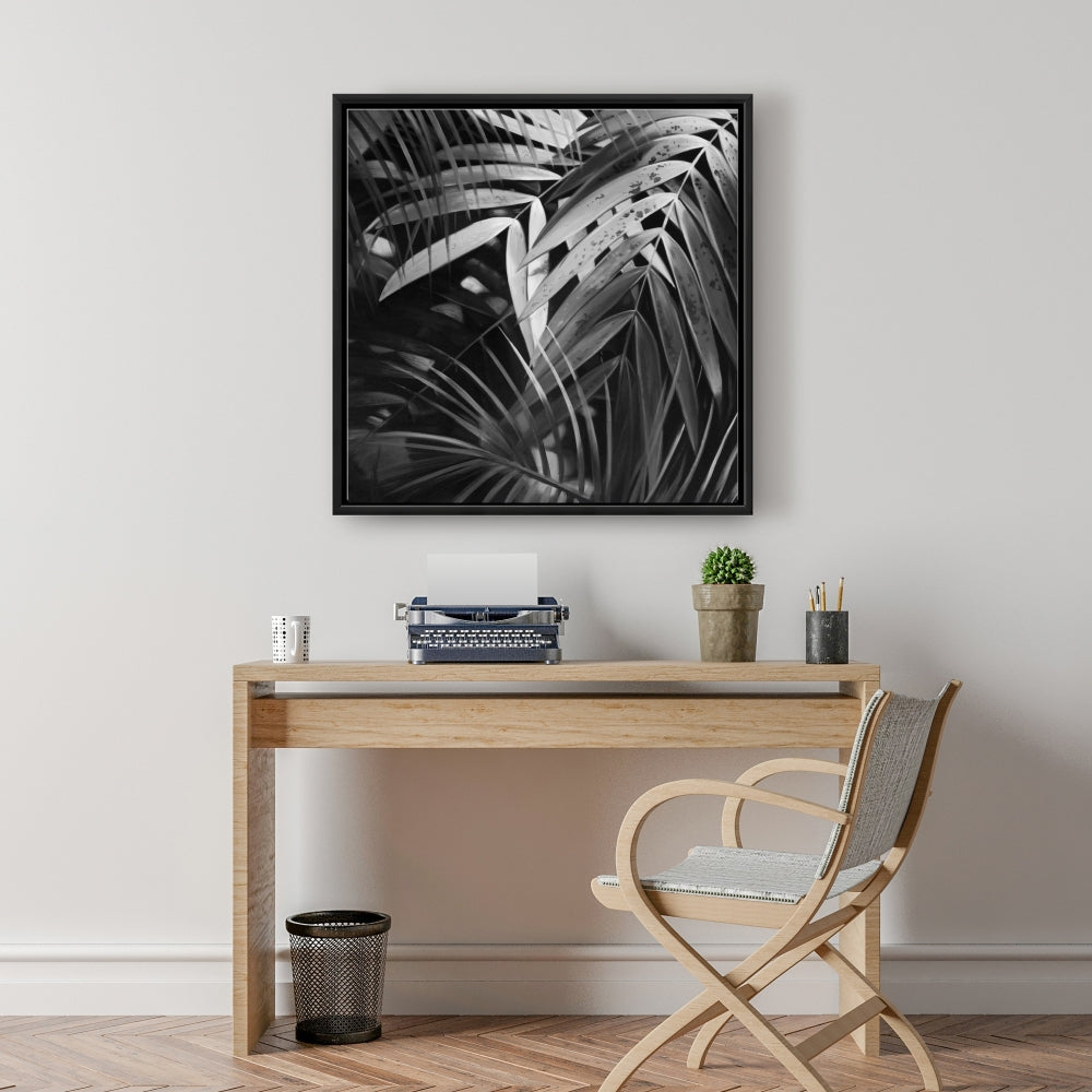 Monochrome Tropical Leaves Canvas | White Floral Bedroom Decor