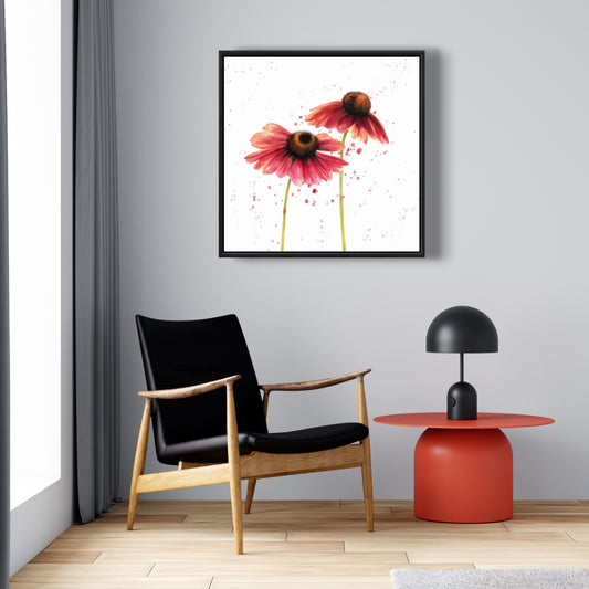 Toile florale « Deux marguerites roses » | Cadre marron pour décoration d'intérieur