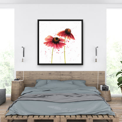 Toile florale « Deux marguerites roses » | Cadre marron pour décoration d'intérieur