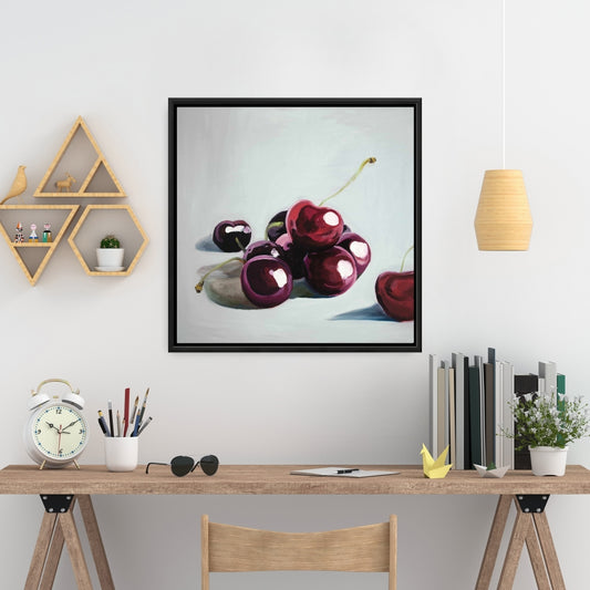 Glossy Dark Cherries Canvas | White Romantic Food Wall Art