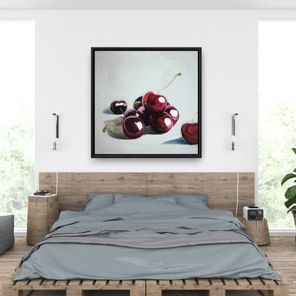 Glossy Dark Cherries Canvas | White Romantic Food Wall Art