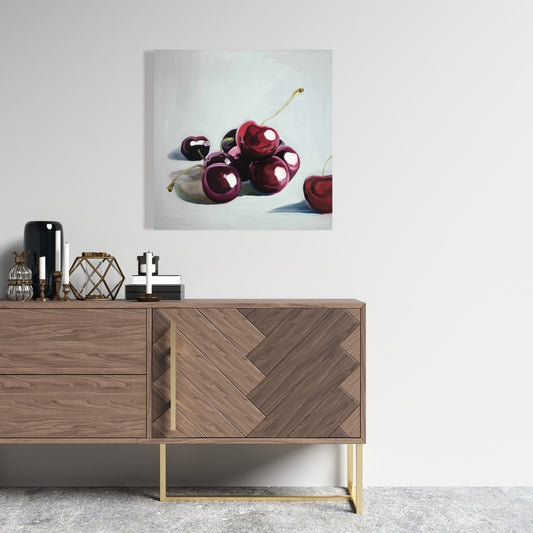 Glossy Dark Cherries Kitchen Canvas | White Gastronomy Decor