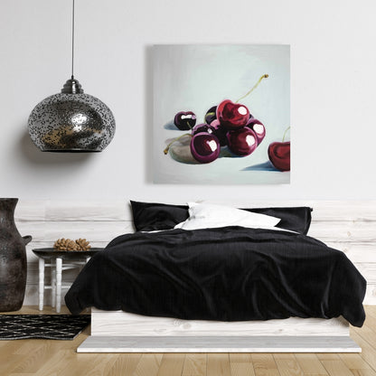Glossy Dark Cherries Kitchen Canvas | White Gastronomy Decor
