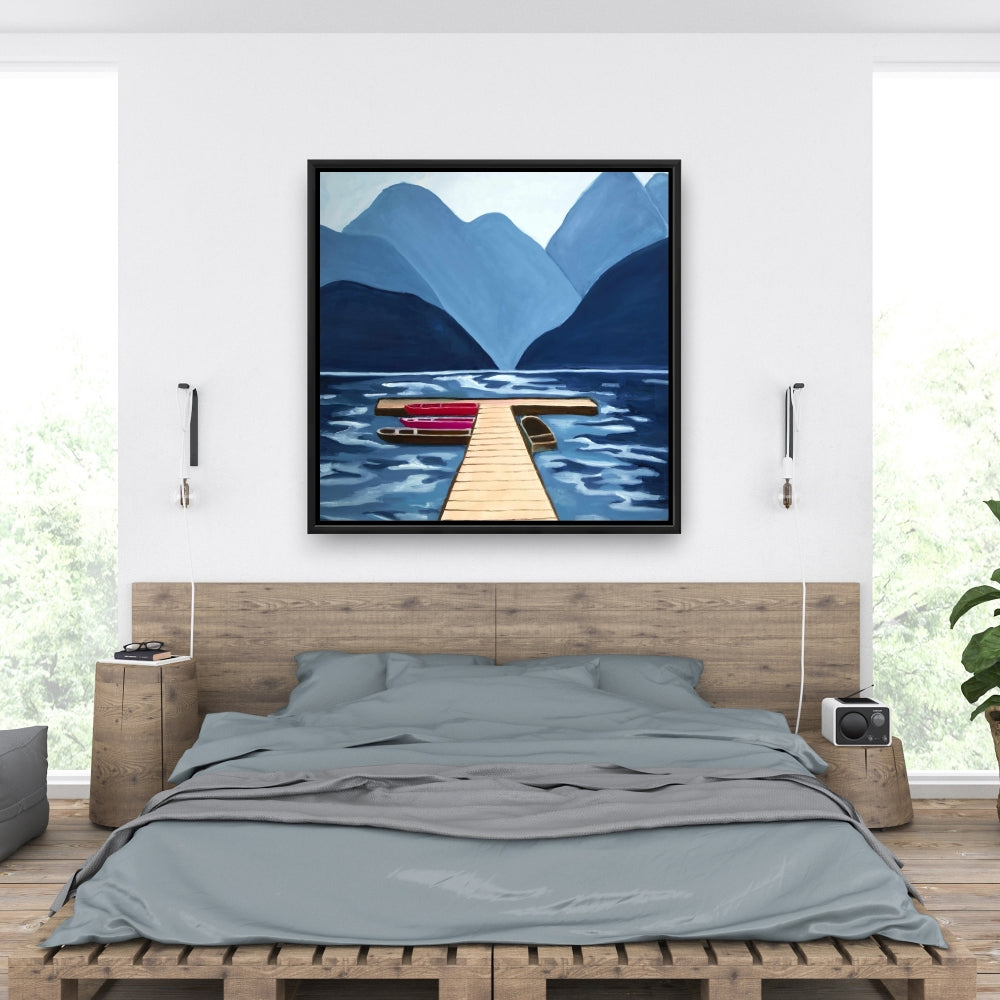 Blue Marine Mountains Framed Canvas - Lake, Quai & Mountains Decor