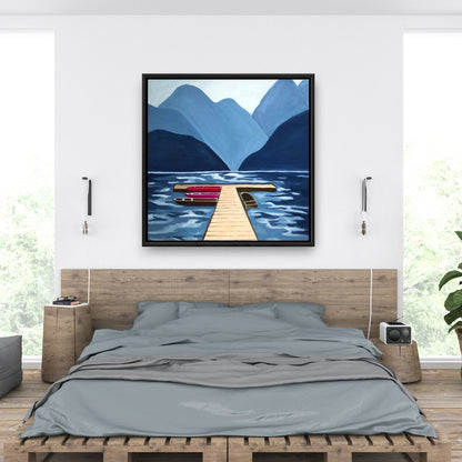 Blue Marine Mountains Framed Canvas - Lake, Quai & Mountains Decor