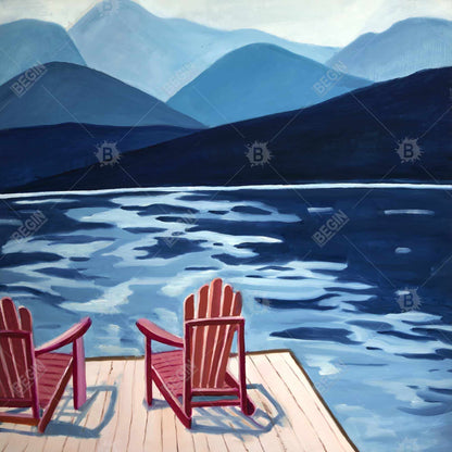Mountains Marine Blue Canvas - Lake, Dock, Mountains & Chairs