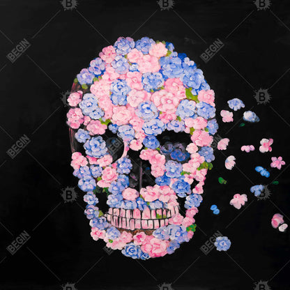 Blue Modern Flower Skull Framed Canvas - Bedroom Home Decor