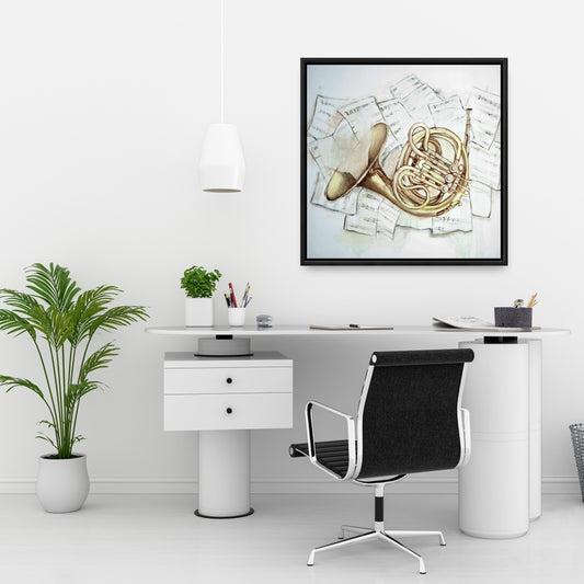 White Musical Bedroom Canvas | Horn on Music Sheet Decor