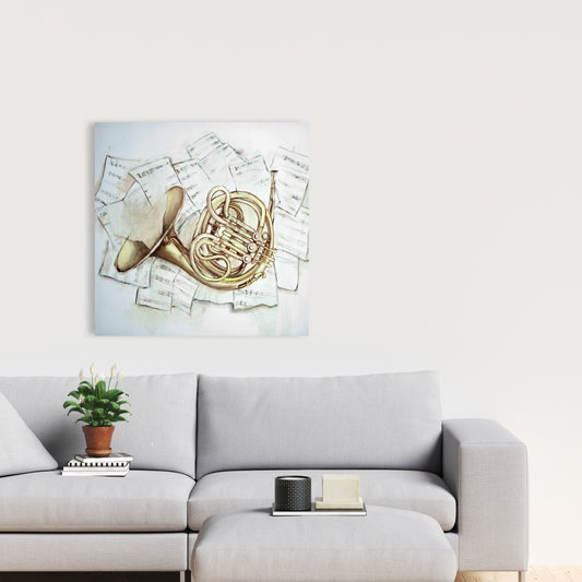 Horn on Music Sheet Canvas | Bedroom Wall Art Decor