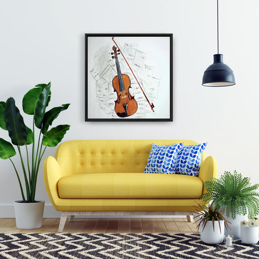 Violin on Music Sheet | White Framed Canvas | Home Decor