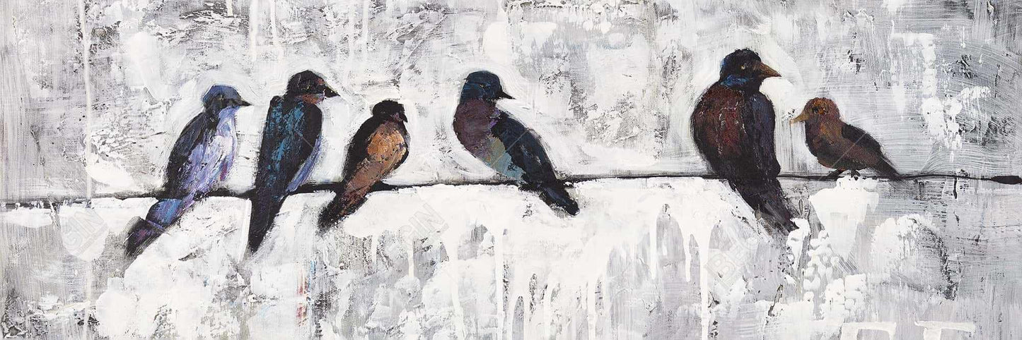 Toile contemporaine bleue - Décor d'oiseaux colorés sur des branches