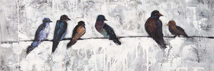 Toile contemporaine bleue - Décor d'oiseaux colorés sur des branches