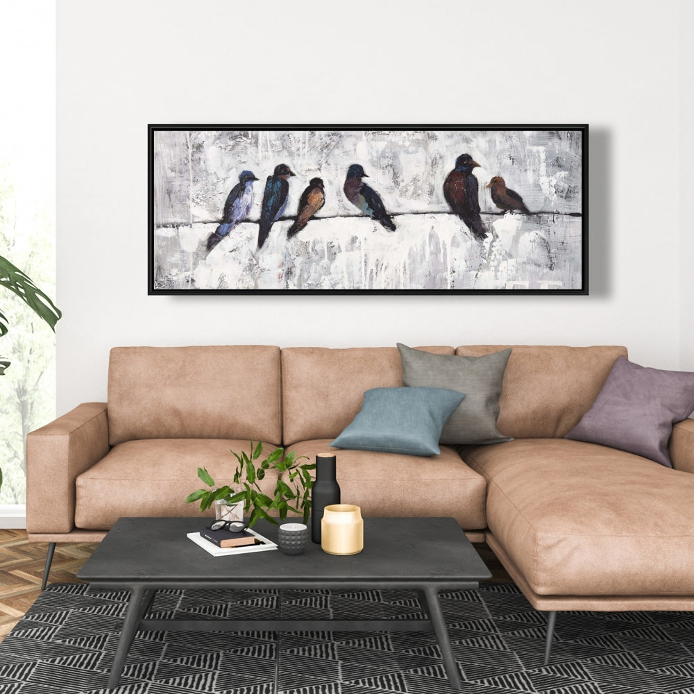 Toile contemporaine bleue - Décor d'oiseaux colorés sur des branches