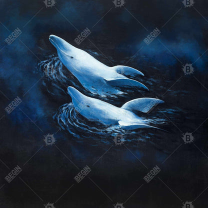 Two Swimming Dolphins Canvas - Blue Aquatic Home Decor Art