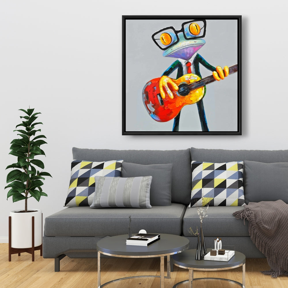 Funny Frog Playing Guitar Canvas | Gray Bedroom Wall Art