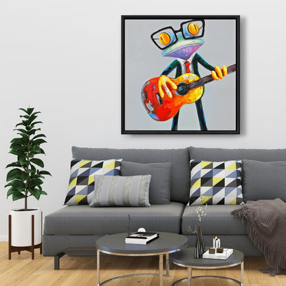 Funny Frog Playing Guitar Canvas | Gray Bedroom Wall Art