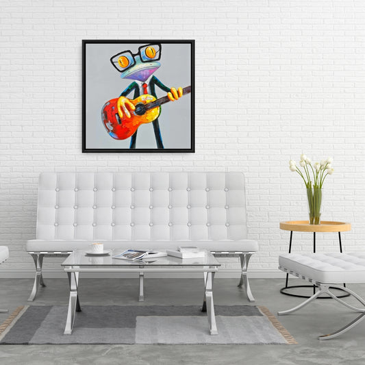 Funny Frog Playing Guitar Canvas | Gray Bedroom Wall Art