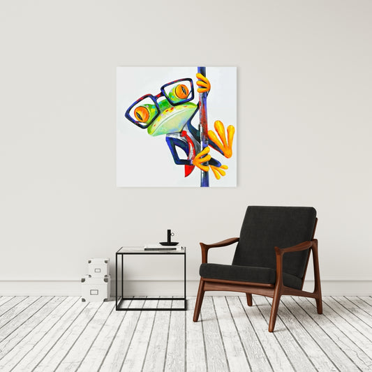 Funny Frog with Glasses | Blue Animal Canvas Wall Art Decor