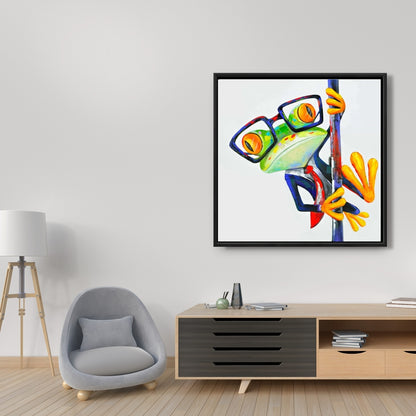 Funny Frog with Glasses Framed Canvas | Animal Bedroom Decor