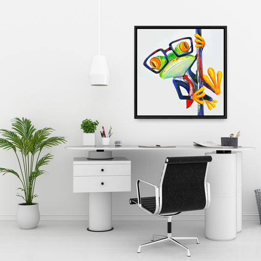 Funny Frog with Glasses Framed Canvas | Animal Bedroom Decor