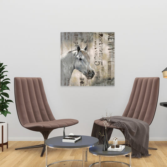 Toile rustique représentant un cheval blanc – Décoration de chambre à coucher avec animaux de la ferme
