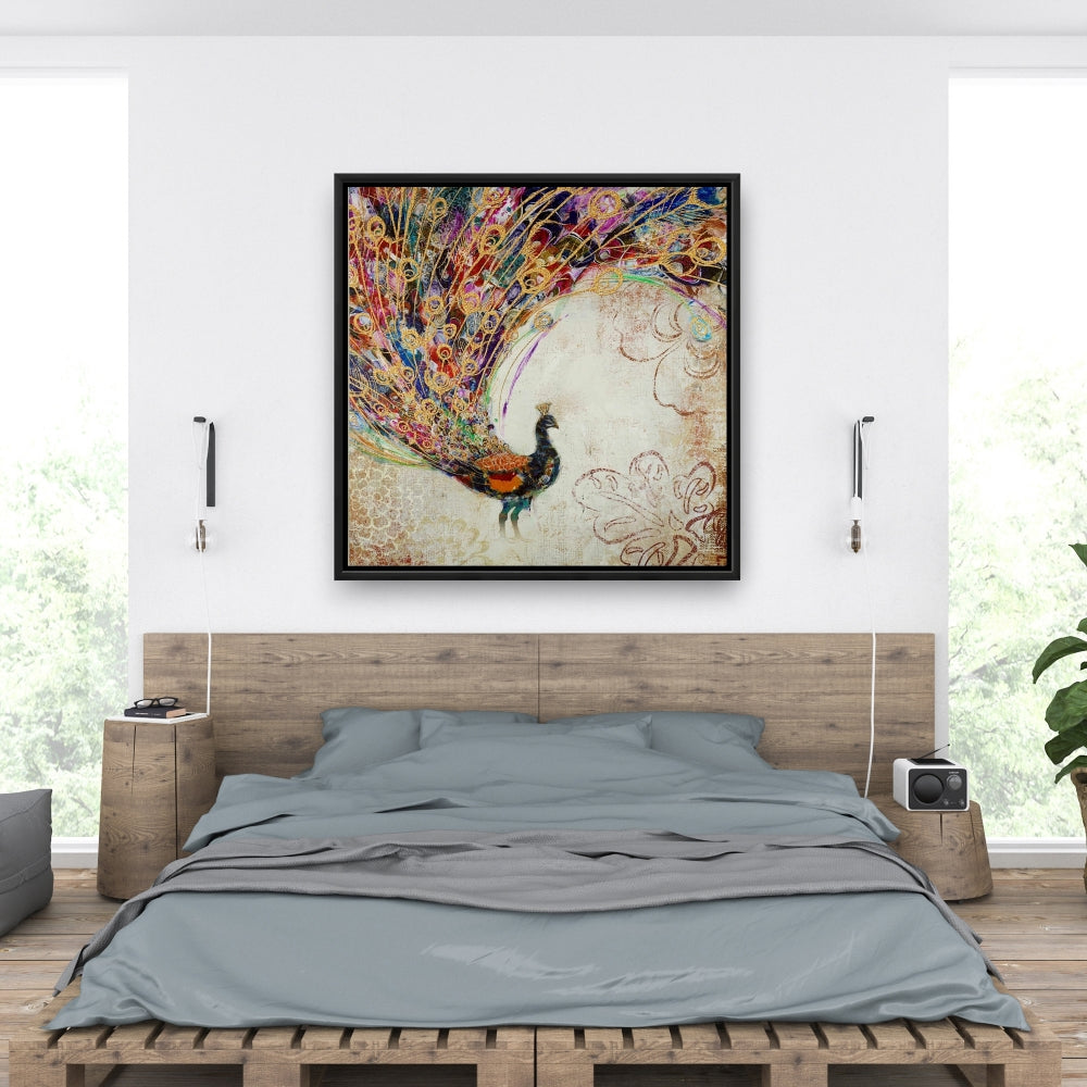 Peacock Gold Feathers Canvas - Orange Animal Decor for Bedroom