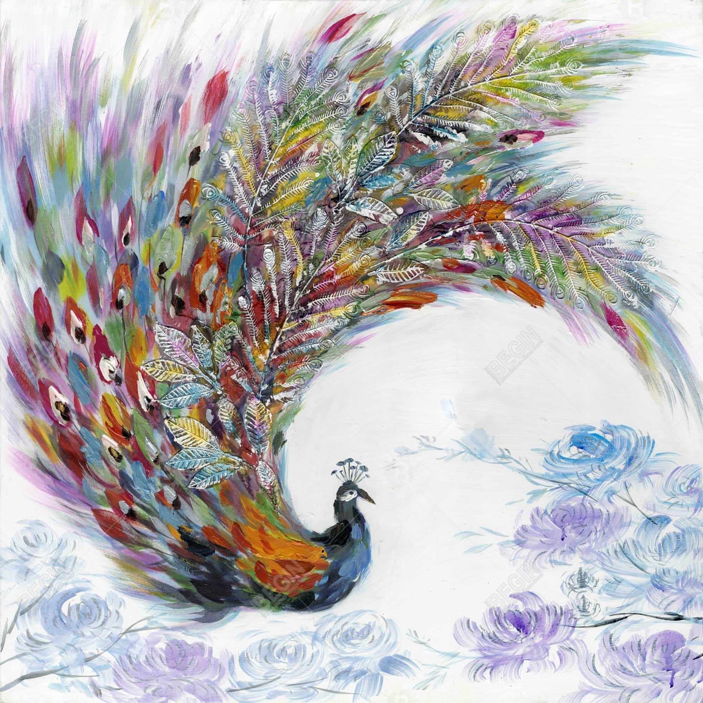 Colorful Peacock with Flowers Framed Canvas | Home Decor Art
