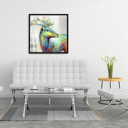 Abstract Color Spotted Deer | Blue Framed Canvas Home Decor