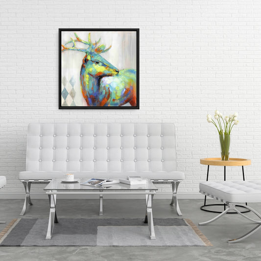 Abstract Color Spotted Deer | Blue Framed Canvas Home Decor