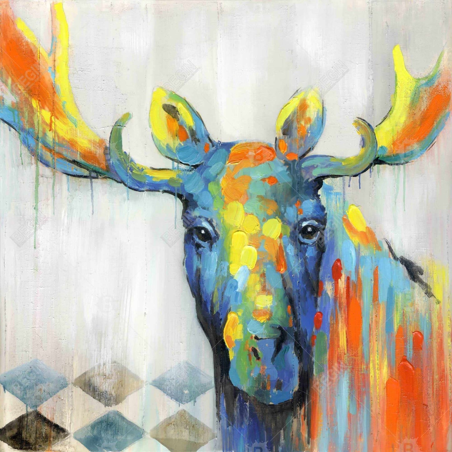 Colorful Abstract Moose | Blue Deer Canvas for Home Decor