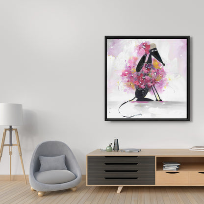 Cartoon Dog with Pink Flowers | Purple Bedroom Canvas Decor
