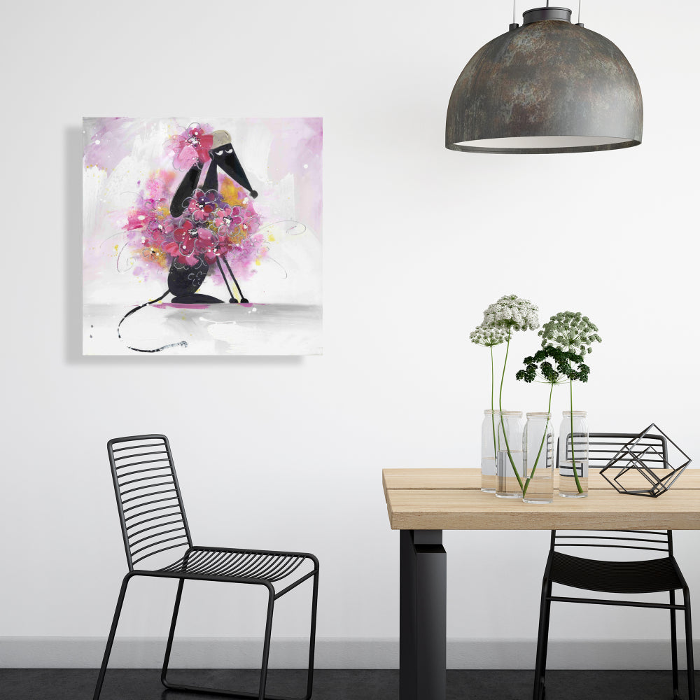Cartoon Dog with Pink Flowers Canvas - Cute Animals Bedroom Decor