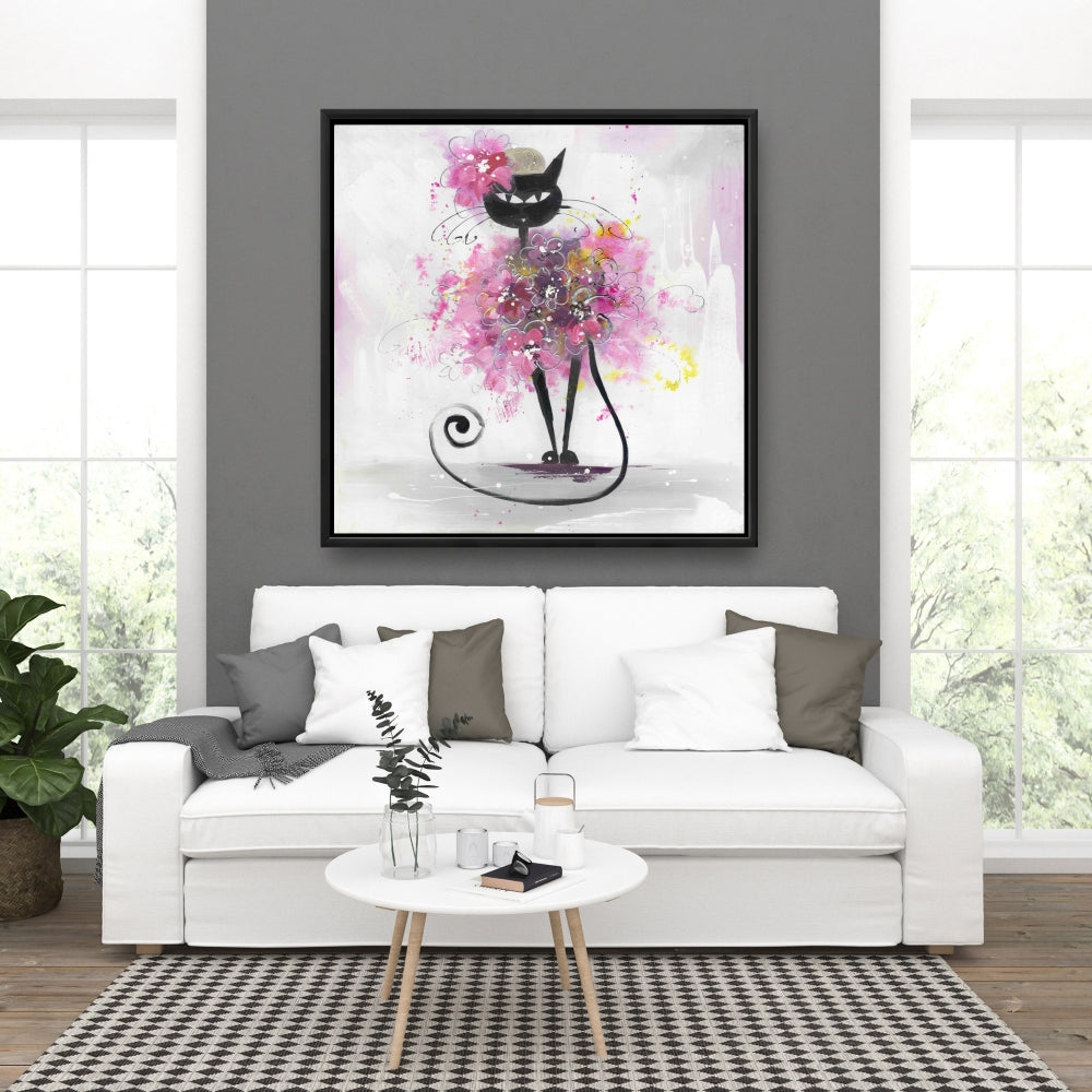 Cartoon Cat with Pink Flowers Canvas | Bedroom Animals Decor