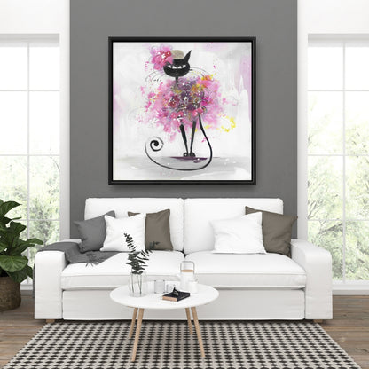 Cartoon Cat with Pink Flowers Canvas | Bedroom Animals Decor