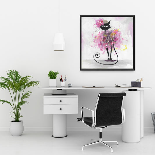 Cartoon Cat with Pink Flowers Canvas | Bedroom Animals Decor