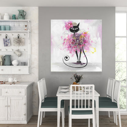 Cartoon Cat with Pink Flowers Canvas | Bedroom Wall Decor
