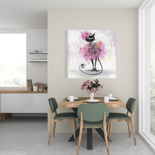 Cartoon Cat with Pink Flowers Canvas | Bedroom Wall Decor